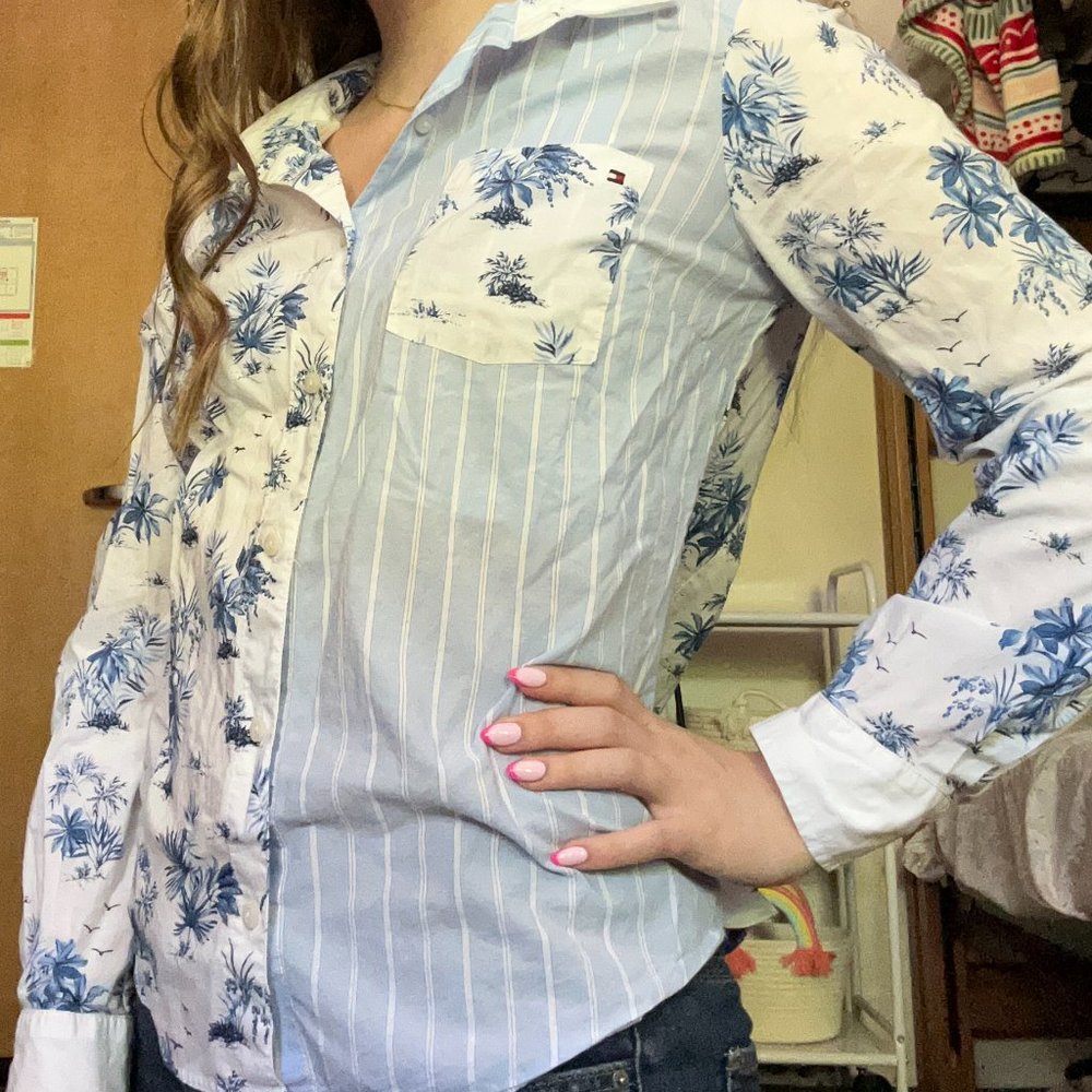 Tommy Hilfiger Button Down Collar Shirt Blue and White